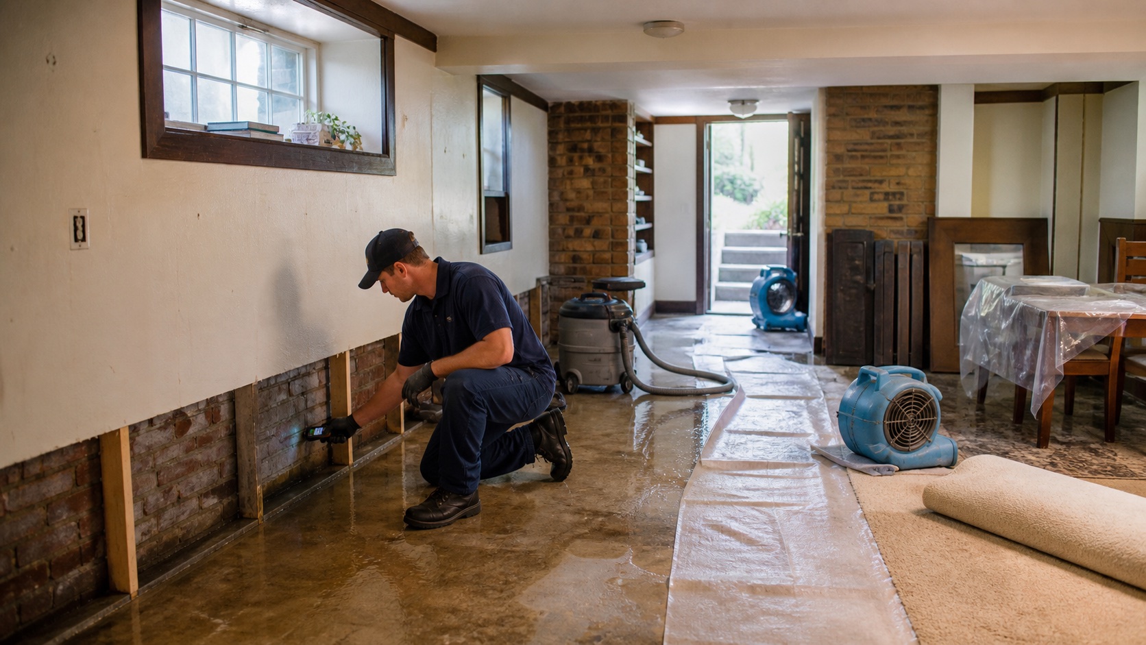 Restoration technician measures a flooded basement wall in University City while extraction and drying equipment is set up.
