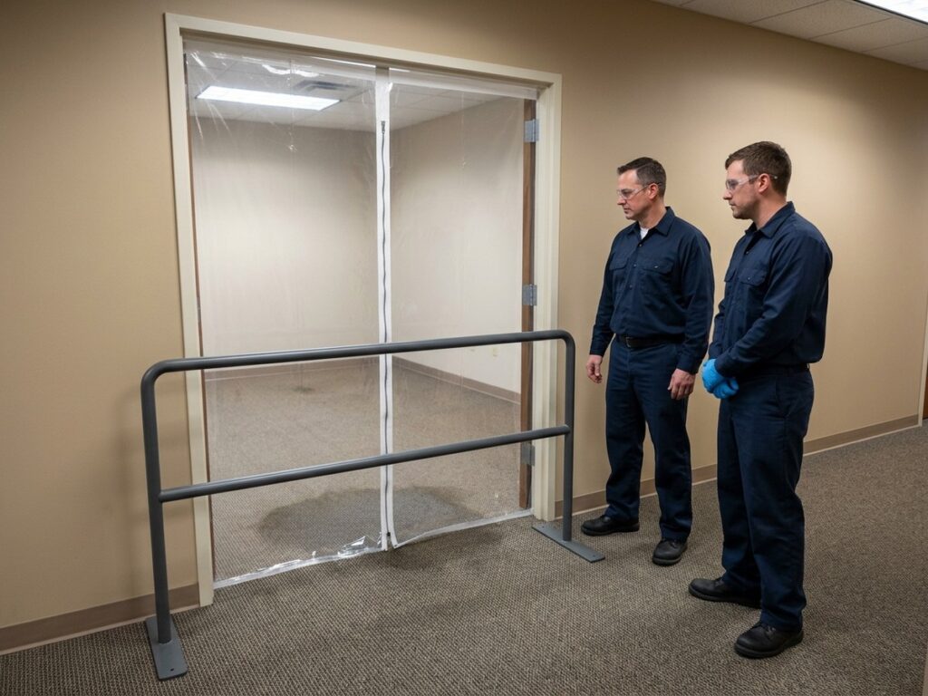 A facility manager keeps occupants outside the affected space while a trained technician evaluates conditions from a safe, dry threshold.