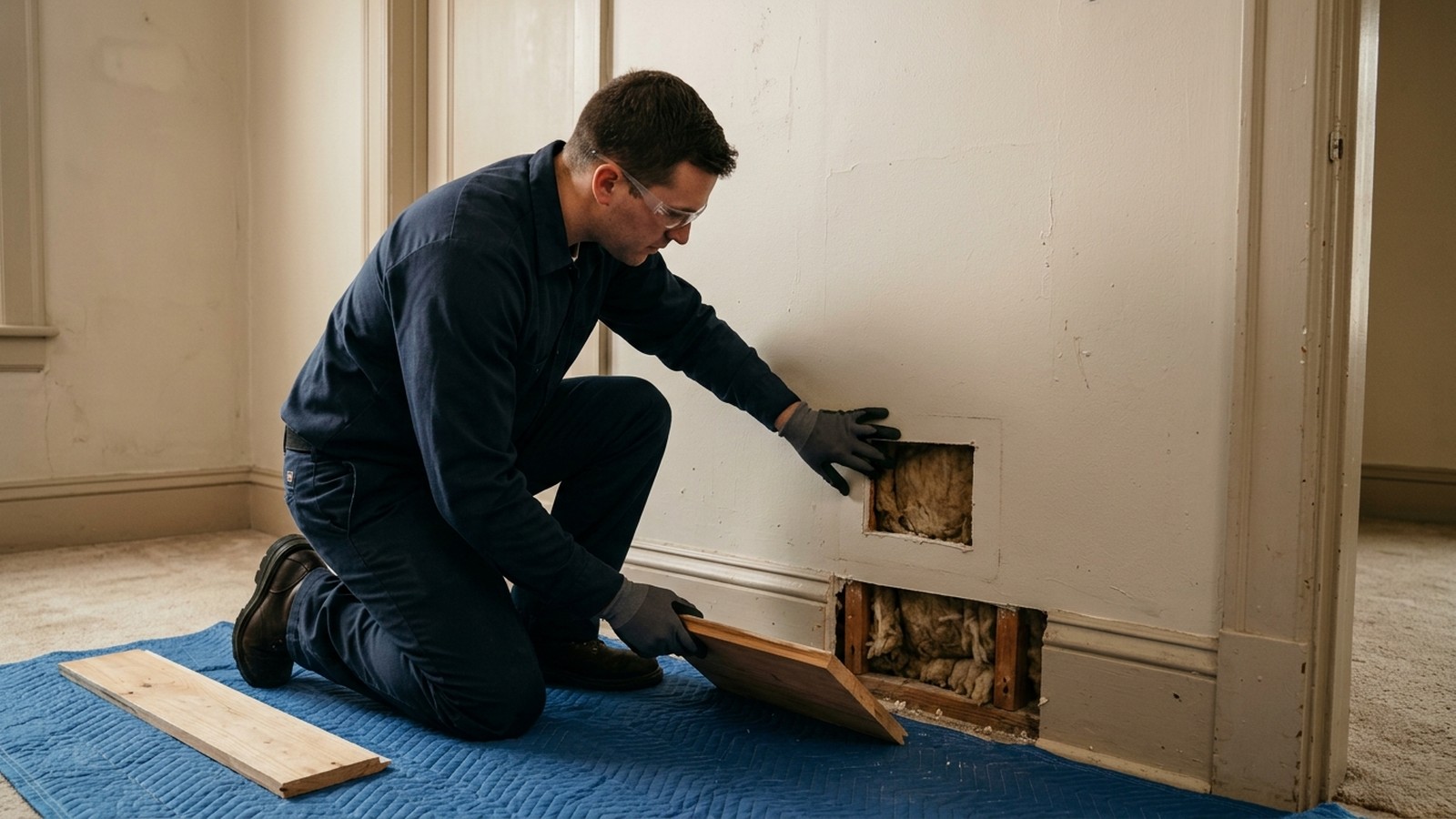 A technician evaluates material condition and hidden moisture before deciding whether damp drywall can be dried or selectively removed.