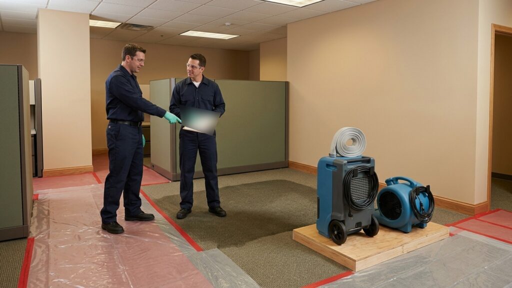 Technicians use moisture assessment and an orderly equipment layout to build a site-specific commercial extraction and drying plan.