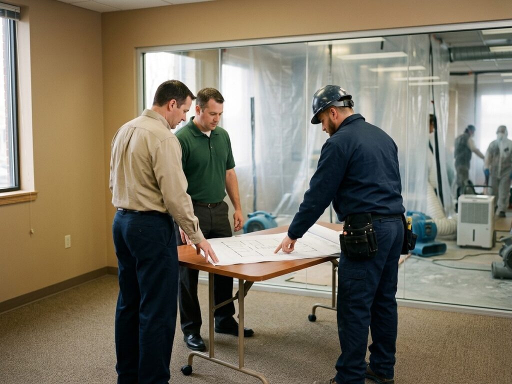 Owners, managers, and the restoration lead coordinate responsibilities and updates from a clean area outside the controlled work zone.