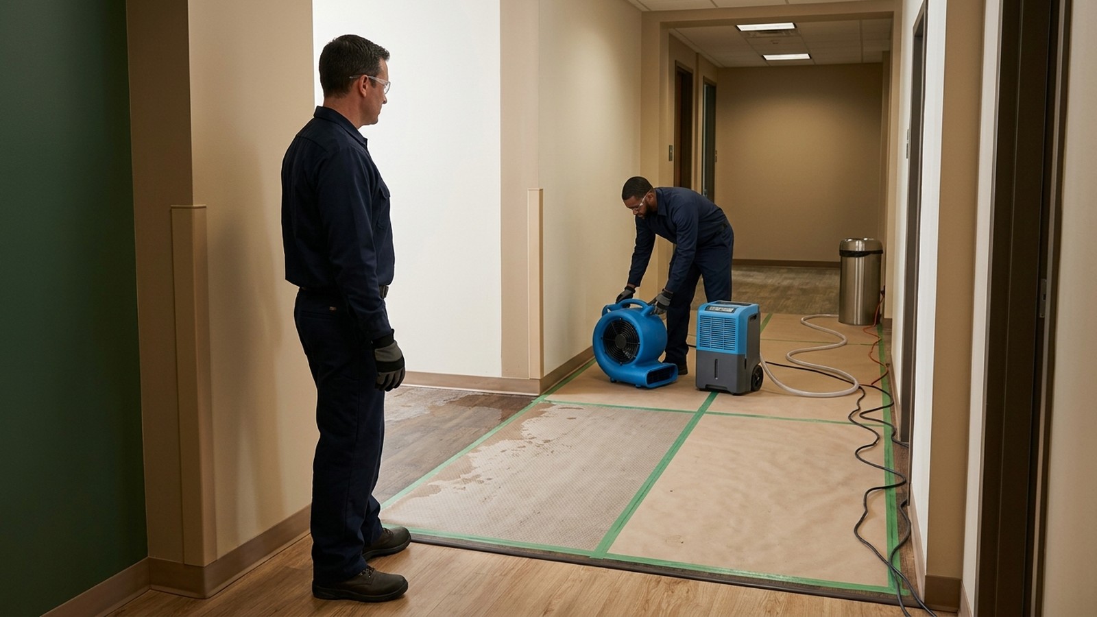 An organized commercial restoration response begins with site assessment, controlled access, extraction, and drying equipment staged in a water-damaged corridor.
