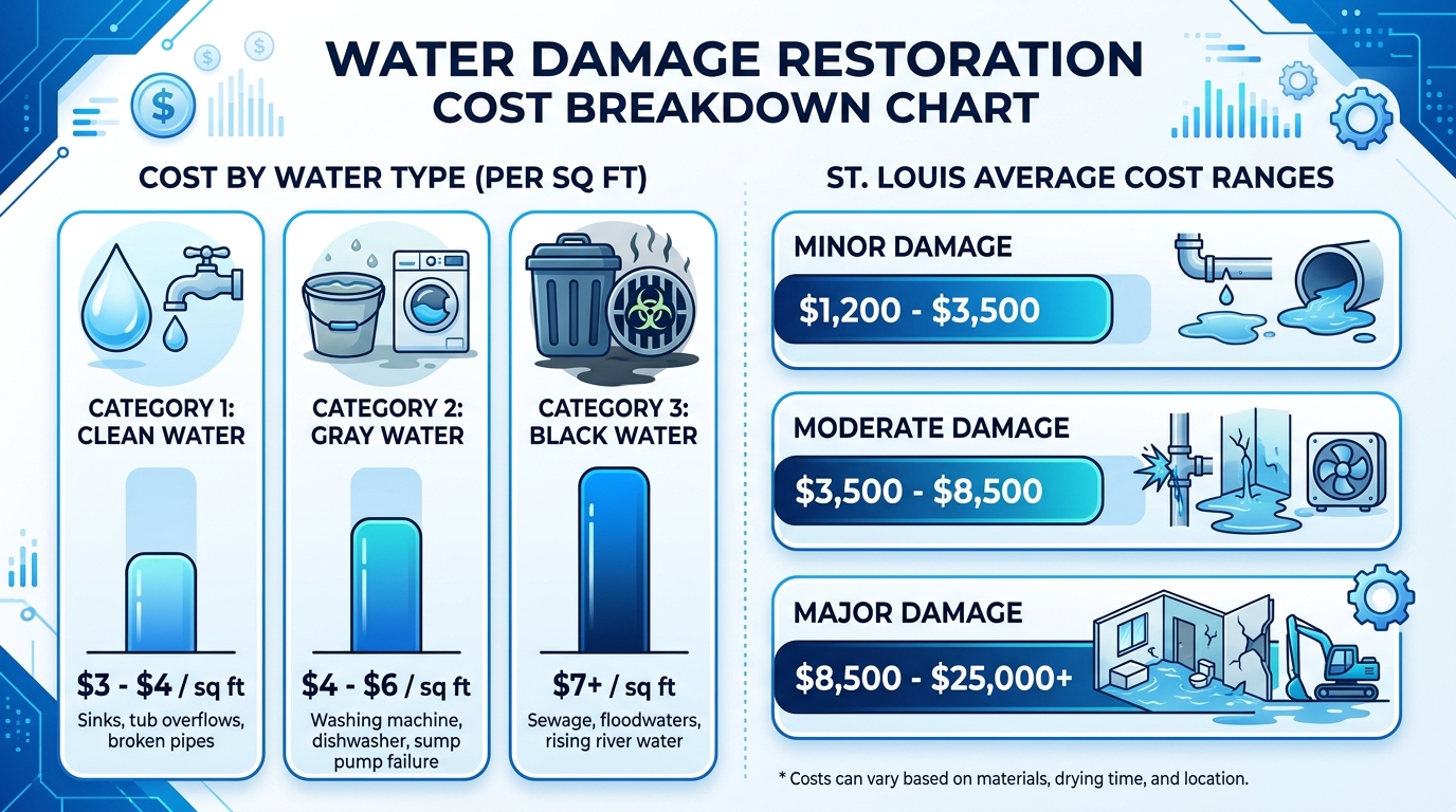 Water damage restoration cost breakdown chart showing Category 1, 2, and 3 pricing tiers for St. Louis