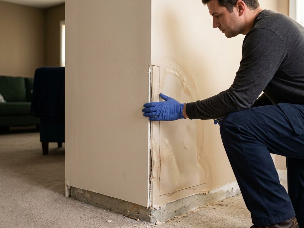 Intact, firm drywall is compared with a realistically swollen and weakened section to show how material condition influences the decision.