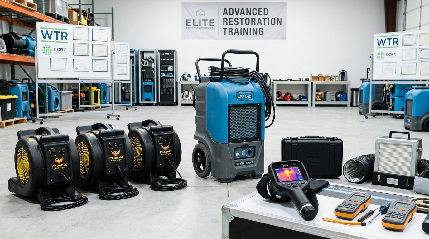 Professional water damage restoration equipment including dehumidifiers and moisture meters