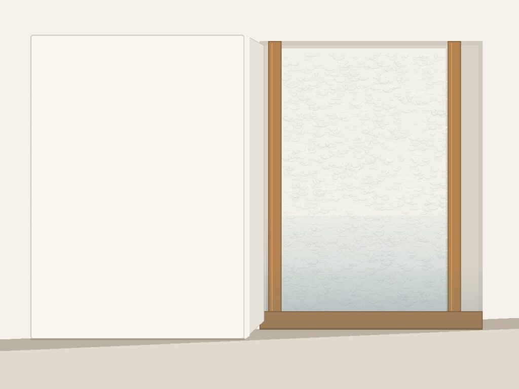 A structurally accurate wall cutaway reveals moisture behind a surface that appears dry from the room side.