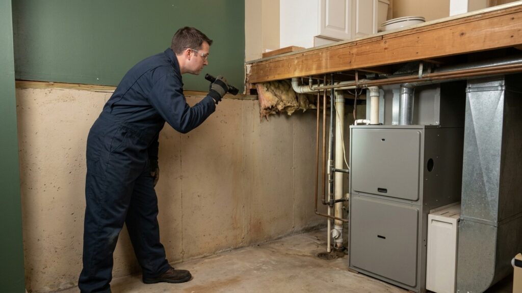 An inspector checks connected moisture pathways around the foundation, plumbing, insulation, and HVAC components of an older home.