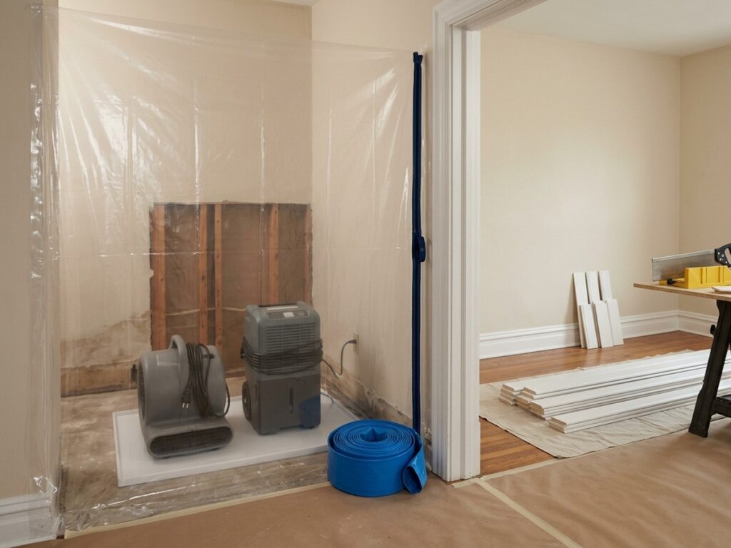 The scene distinguishes moisture stabilization from the repair work that follows after affected materials are dry.