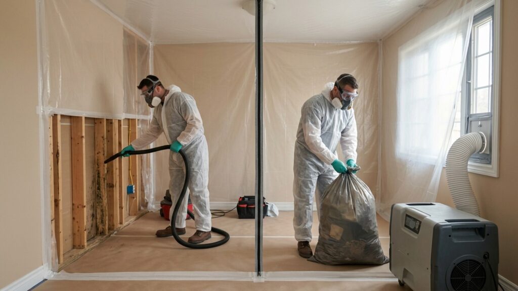 A controlled work area combines containment, HEPA cleaning, selective removal, and sealed debris handling.