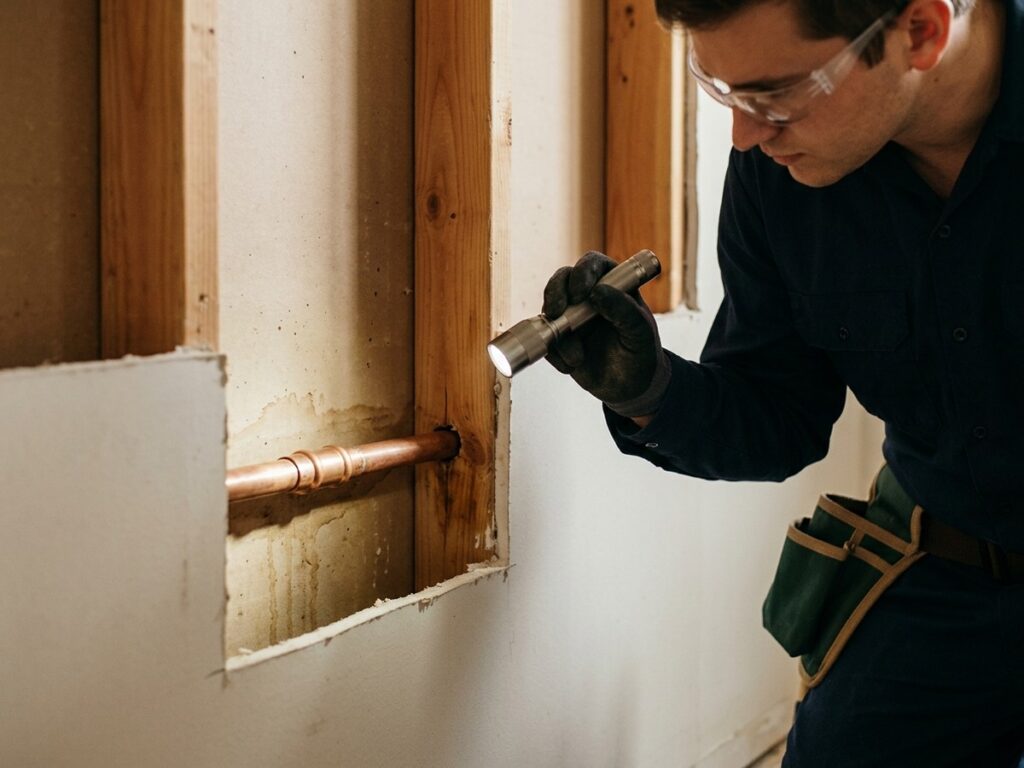 The moisture source is corrected and surrounding framing is checked so damp conditions do not continue after remediation.