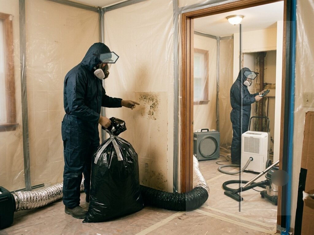The image distinguishes removal of affected material from the wider remediation controls used to manage moisture, debris, and the work area.