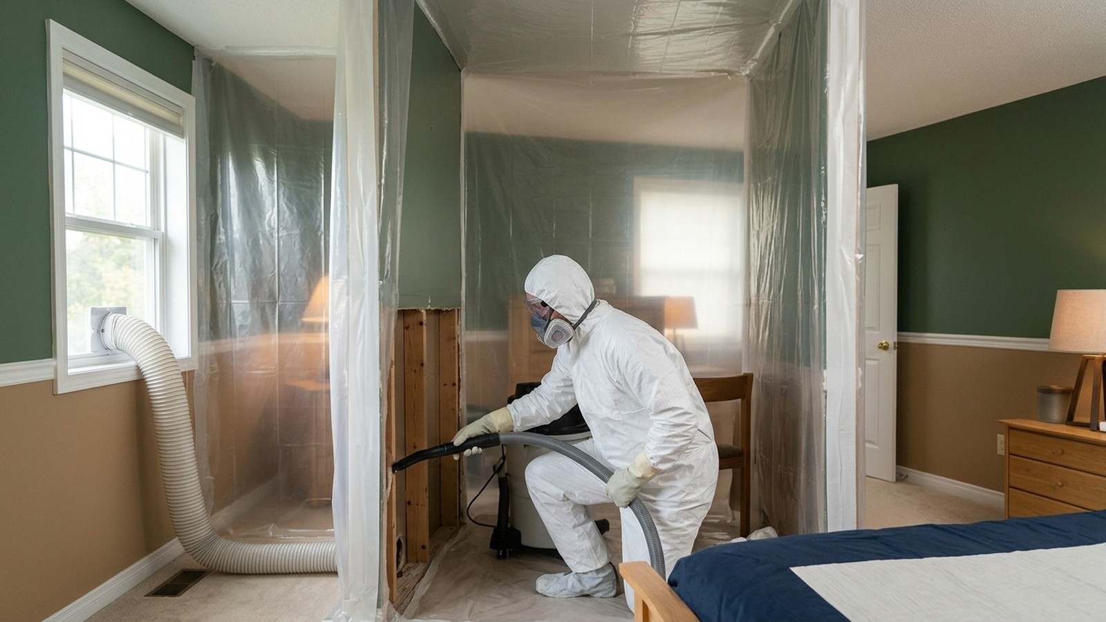 A controlled remediation scene connects selective material removal and HEPA cleaning with containment and moisture assessment.