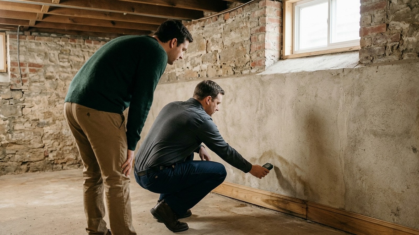 A buyer and inspector examine modest moisture-related clues in an older home without treating one observation as proof of mold.