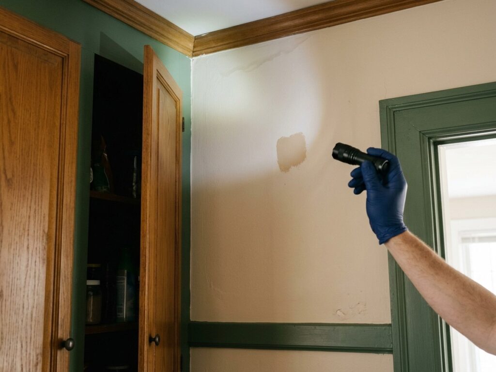 Subtle staining, finish changes, and a localized odor source prompt closer evaluation rather than an immediate mold conclusion.