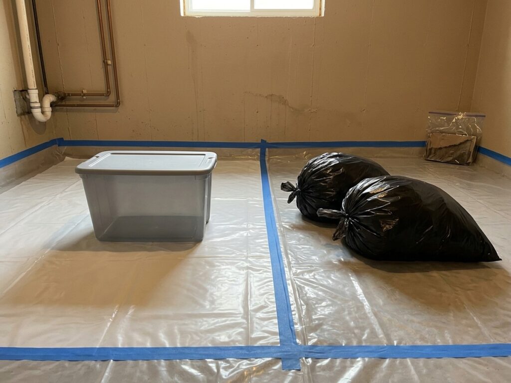 A protected technician evaluates nonporous and absorbent materials within a controlled cleanup area before cleaning or disposal.