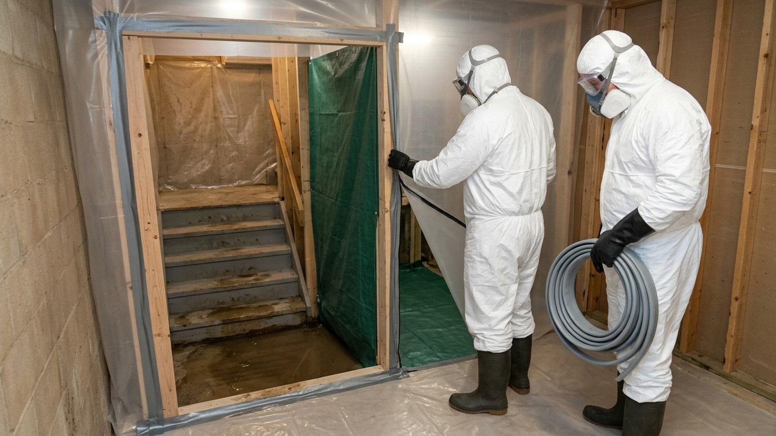 A restoration crew uses full protective equipment and controlled access before beginning sewer backup extraction and cleanup.