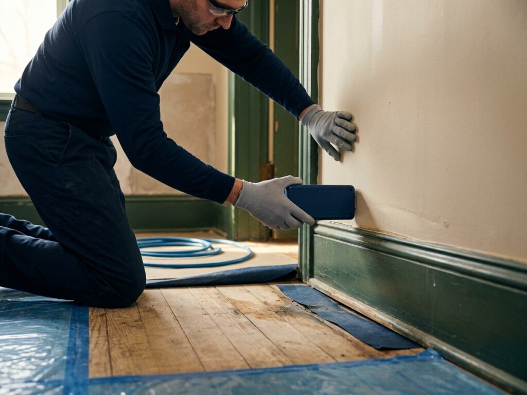 A technician evaluates moisture, material condition, and access before deciding whether components can be dried or require removal.