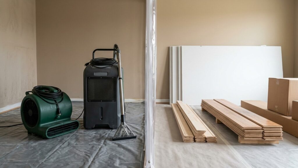 Extraction and drying remain distinct from the clean repair materials staged for the restoration phase.