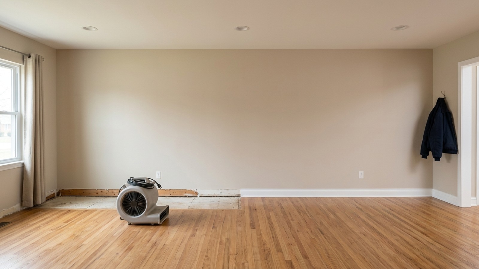 A continuous room view contrasts immediate extraction and drying with the repaired interior that follows verified mitigation.
