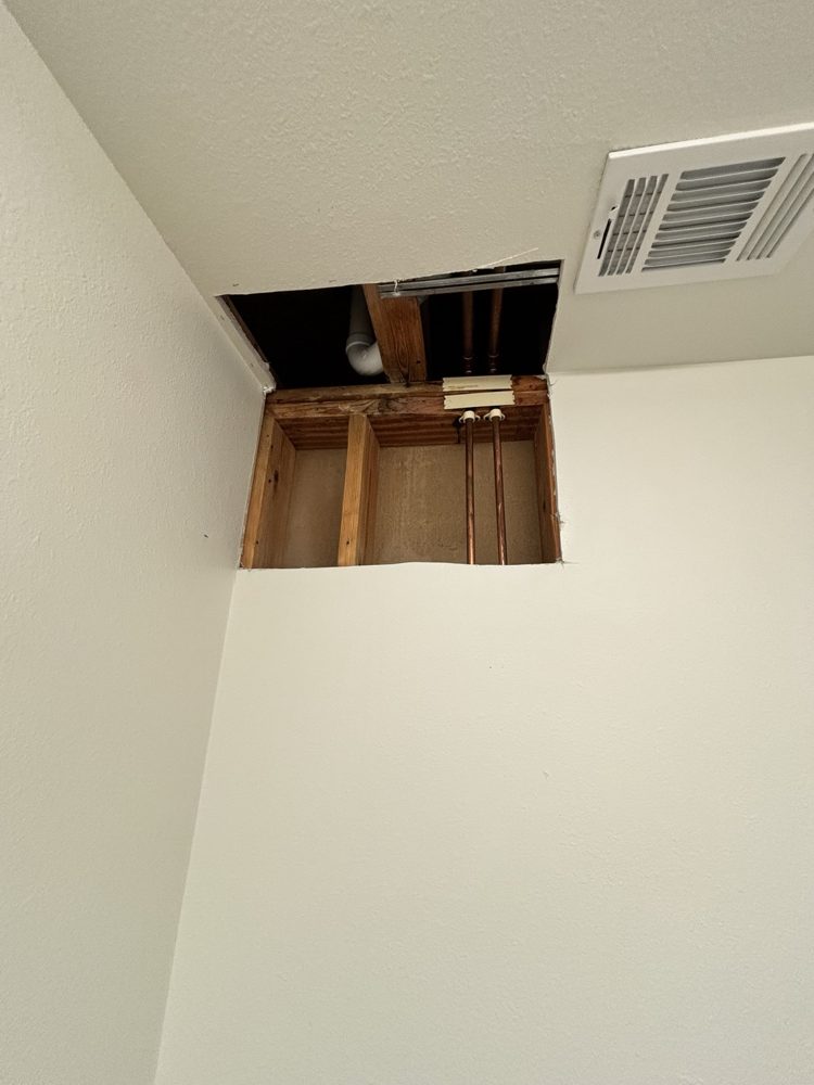 The cleaned and treated opening at the end of the visit, ready for new drywall